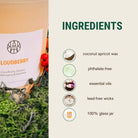 AEMBR Cloudberry candle and ingredients list, highlighting phthalate-free coconut apricot wax, essential oils, lead-free wicks, and glass jar.