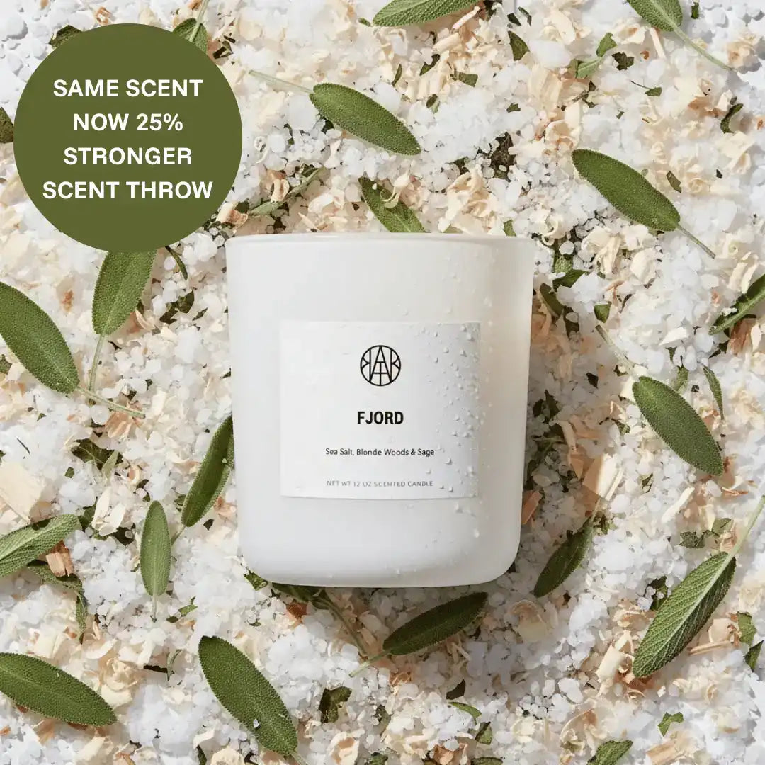 AEMBR Fjord candle with sea salt, blonde woods, and sage, shown on natural botanical background.