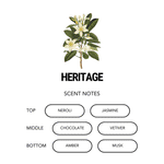AEMBR Heritage scent notes chart with floral illustration, showing neroli, jasmine, chocolate, vetiver, amber, and musk fragrance layers.