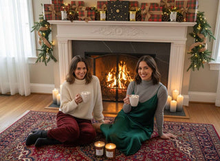 Two women sitting on a rug in front of a fireplace, holding cups, with Christmas decorations around.