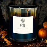 AEMBR HEKS luxury scented candle with Dragon's Blood and Sandalwood, autumn decor.