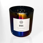 AEMBR HEKS non-toxic candle in iridescent glass jar, Dragon's Blood & Sandalwood scent.