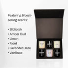 AEMBR candle gift box featuring six scented candles: Bibliotek, Amber Oud, Limon, Fjord, Lavender Haze, Vanilluxe