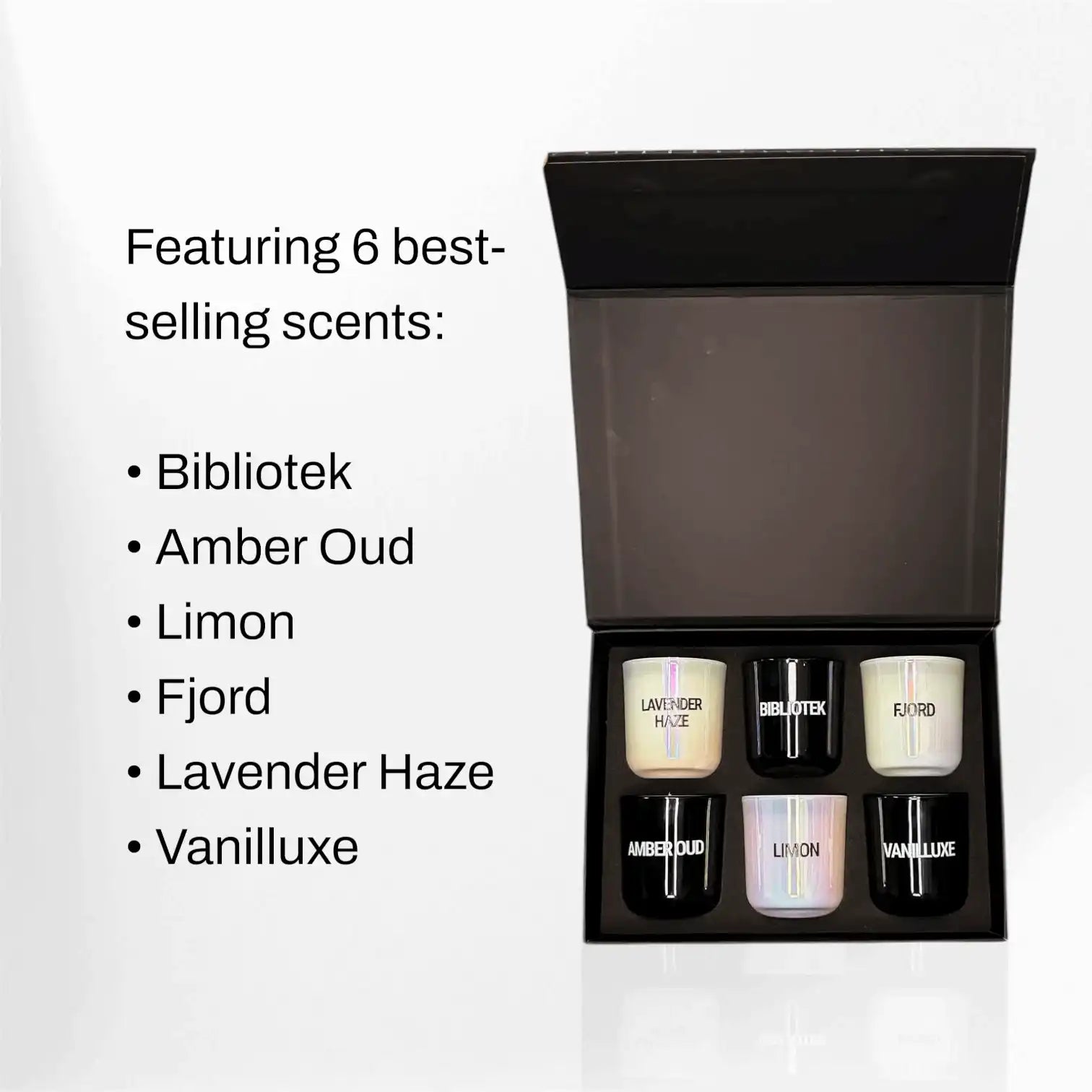 AEMBR candle gift box featuring six scented candles: Bibliotek, Amber Oud, Limon, Fjord, Lavender Haze, Vanilluxe