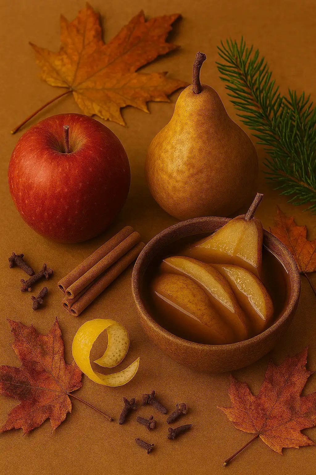 AEMBR autumn display with apple, pear, cinnamon sticks, cloves, lemon peel, and fall leaves on brown background.