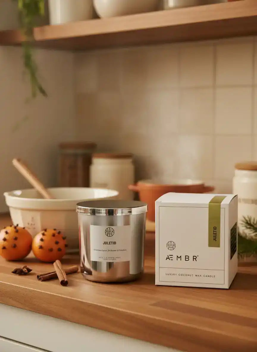 AEMBR Juletid luxury coconut wax candle and box on wood kitchen counter with spices and oranges