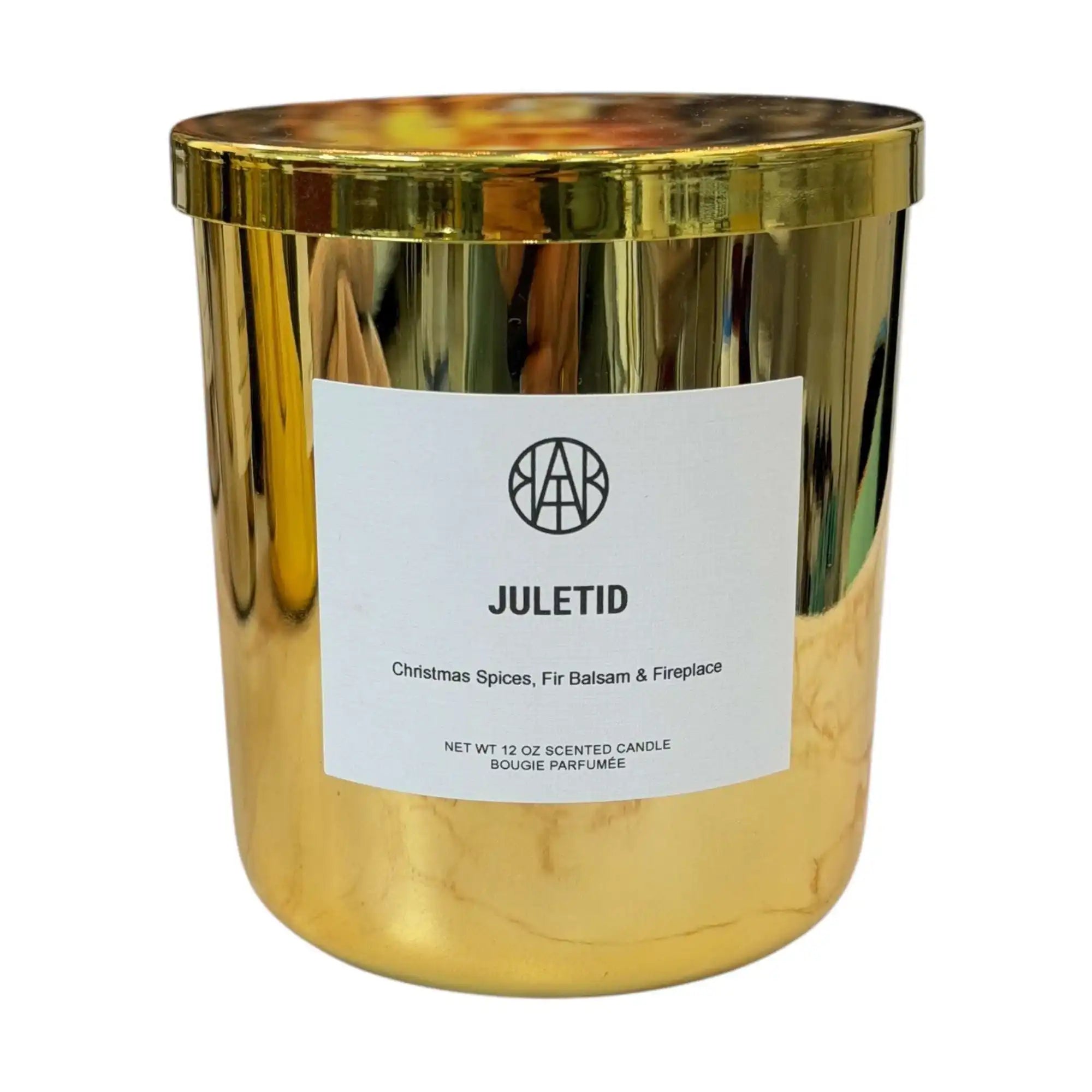 AEMBR Juletid gold holiday candle with Christmas spices, fir balsam, and fireplace scent