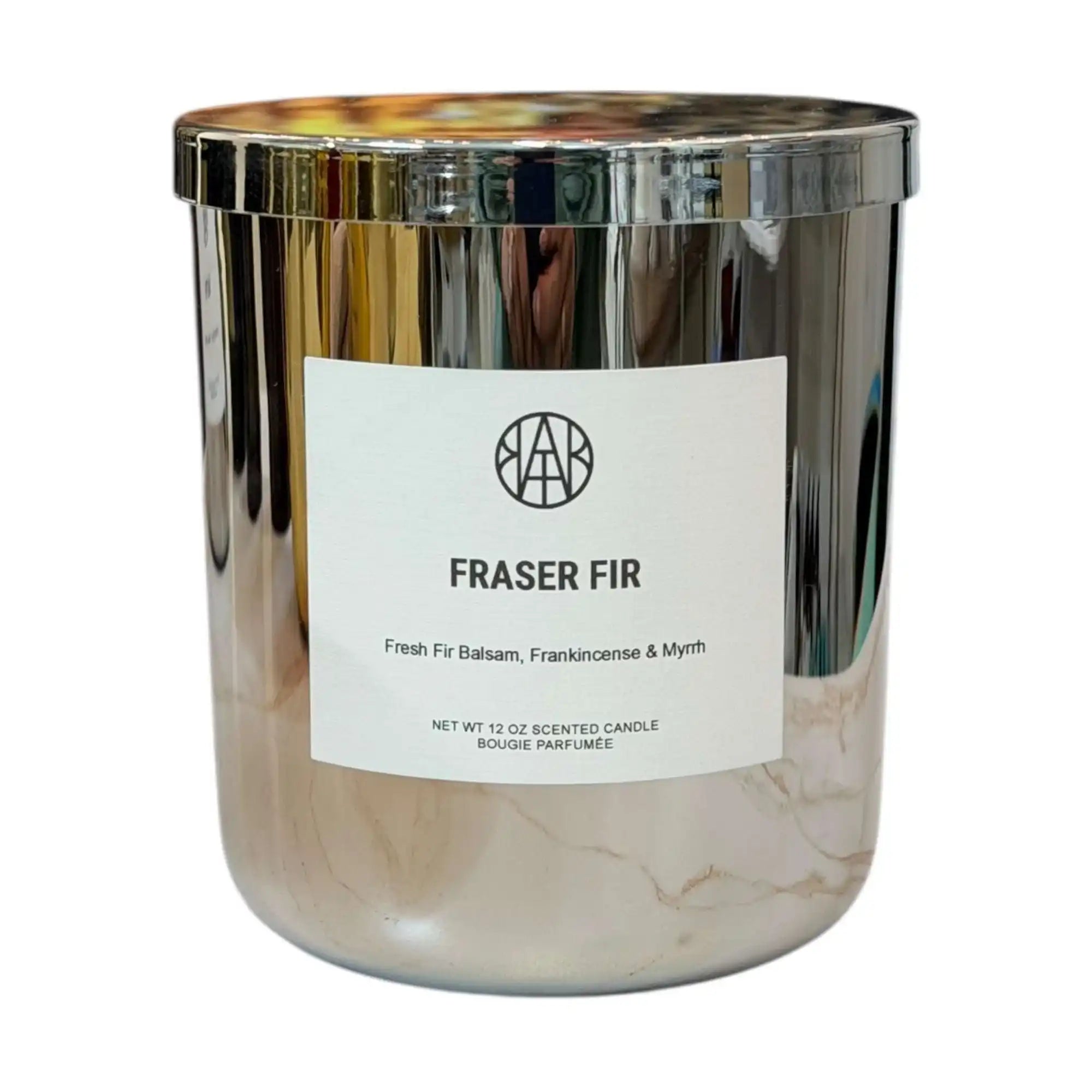 AEMBR Fraser Fir scented candle in metallic jar, featuring fir balsam, frankincense, and myrrh.