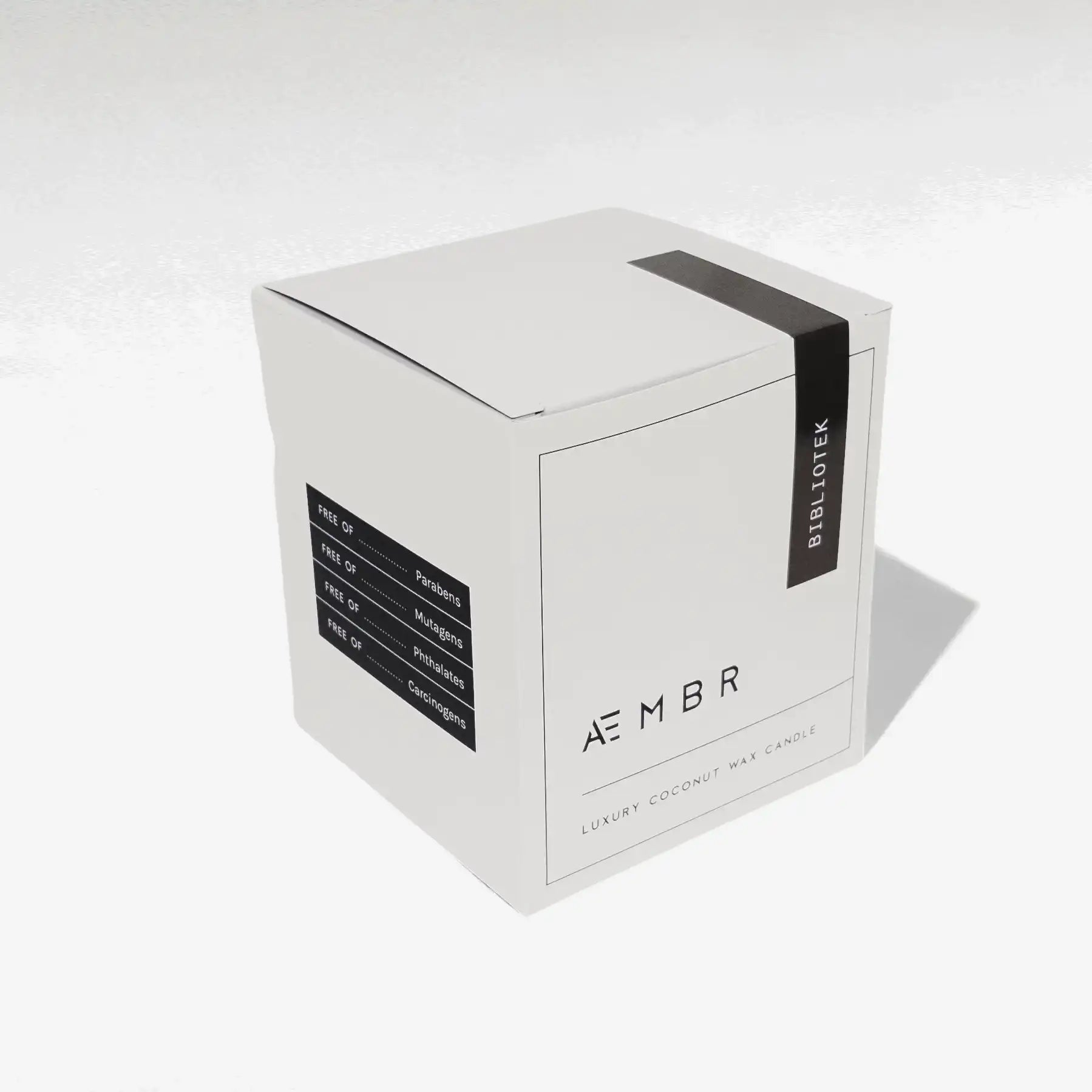 AEMBR luxury coconut wax candle box labeled Bibliotek, non-toxic and free of parabens, phthalates