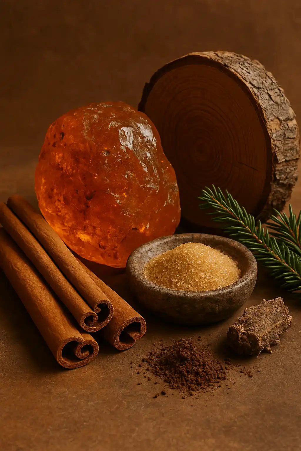 AEMBR non-toxic home fragrance ingredients: cinnamon sticks, raw sugar, tree resin, wood slice, and pine sprig.
