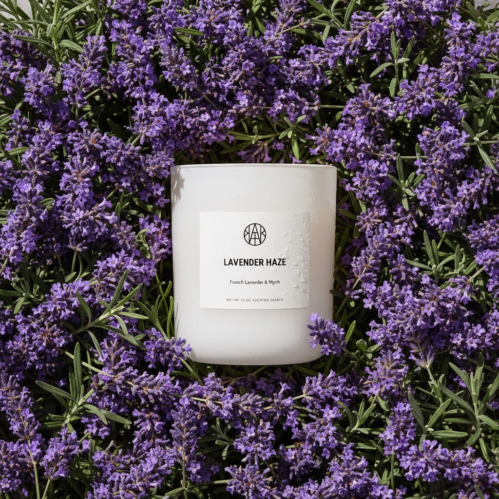 White candle labeled 'Lavender Haze' surrounded by purple lavender flowers