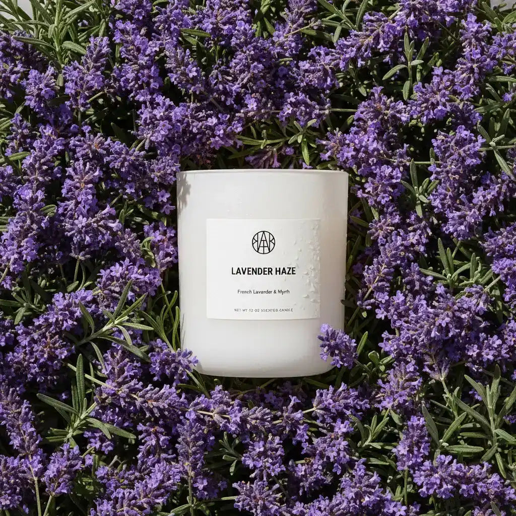 AEMBR Lavender Haze scented candle in white jar surrounded by fresh lavender flowers