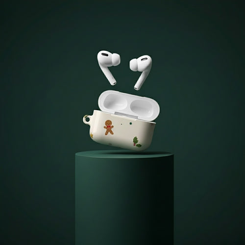 Wireless earbuds with a decorated case on a dark green background
