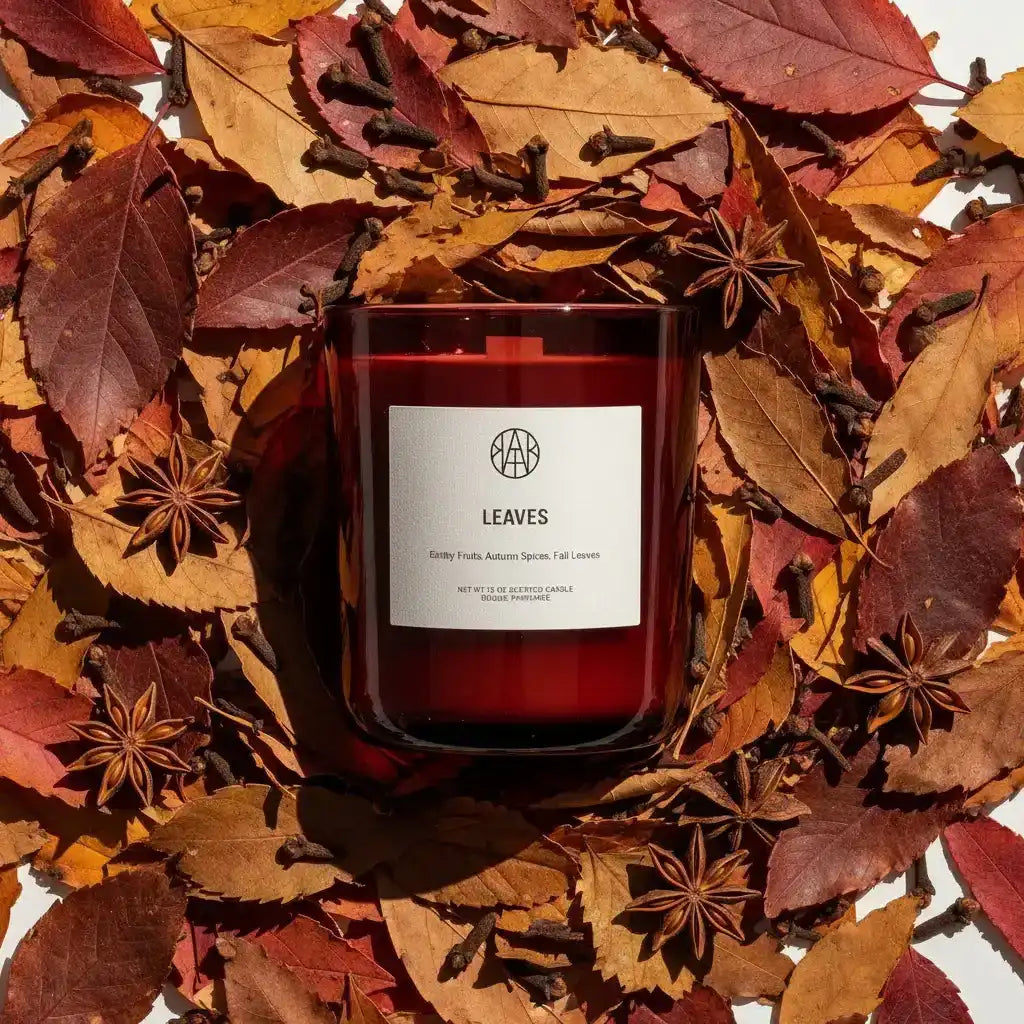 AEMBR Leaves candle in red glass surrounded by autumn leaves, star anise, and cloves