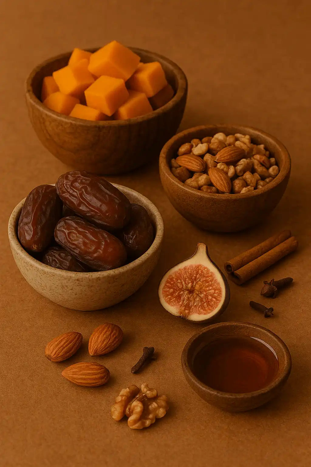 AEMBR Pumpkin Teakwood ingredients with nuts, dates, fig, cinnamon, cloves, and syrup in bowls