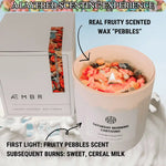 AEMBR coconut wax candle with colorful fruity scented wax pebbles, cereal milk and citrus aroma.