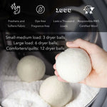 Hand holding wool dryer balls in laundry, text lists recommended dryer ball quantities by load size, AEMBR non-toxic home care product.