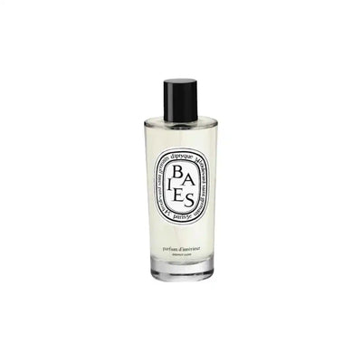 Clear bottle of non-toxic home fragrance spray with black cap and BAES label on white background