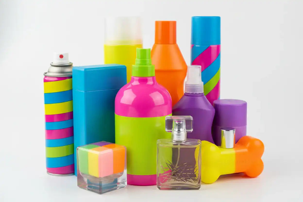 a toilet spray, room spray, fabric refresher, scented plug-in, aerosol spray, perfume, pet cologne all arranged close together with garish colors. no text
