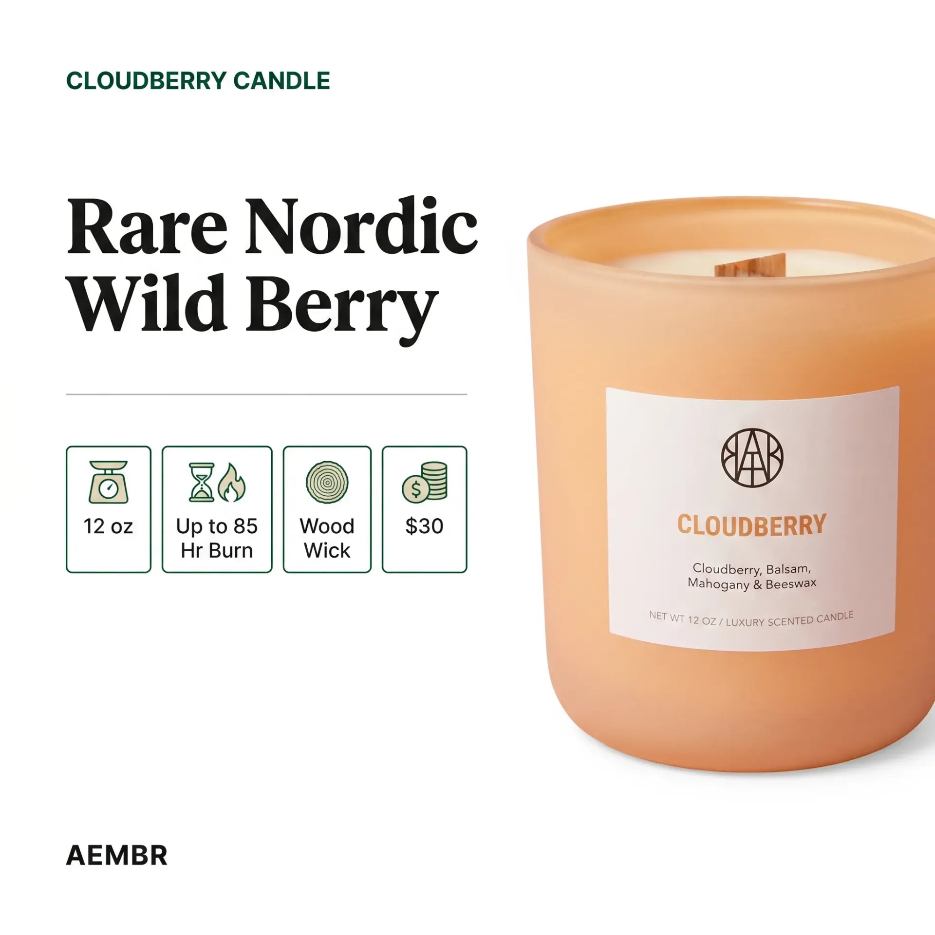 AEMBR Cloudberry Candle with a warm, inviting glow, featuring a sleek glass holder and a cloudberry scent.