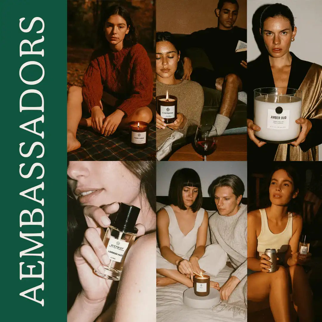 Collage of people enjoying AEMBR non-toxic candles and fragrances, warm home setting.