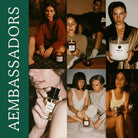 Collage of people enjoying AEMBR non-toxic candles and fragrances, warm home setting.