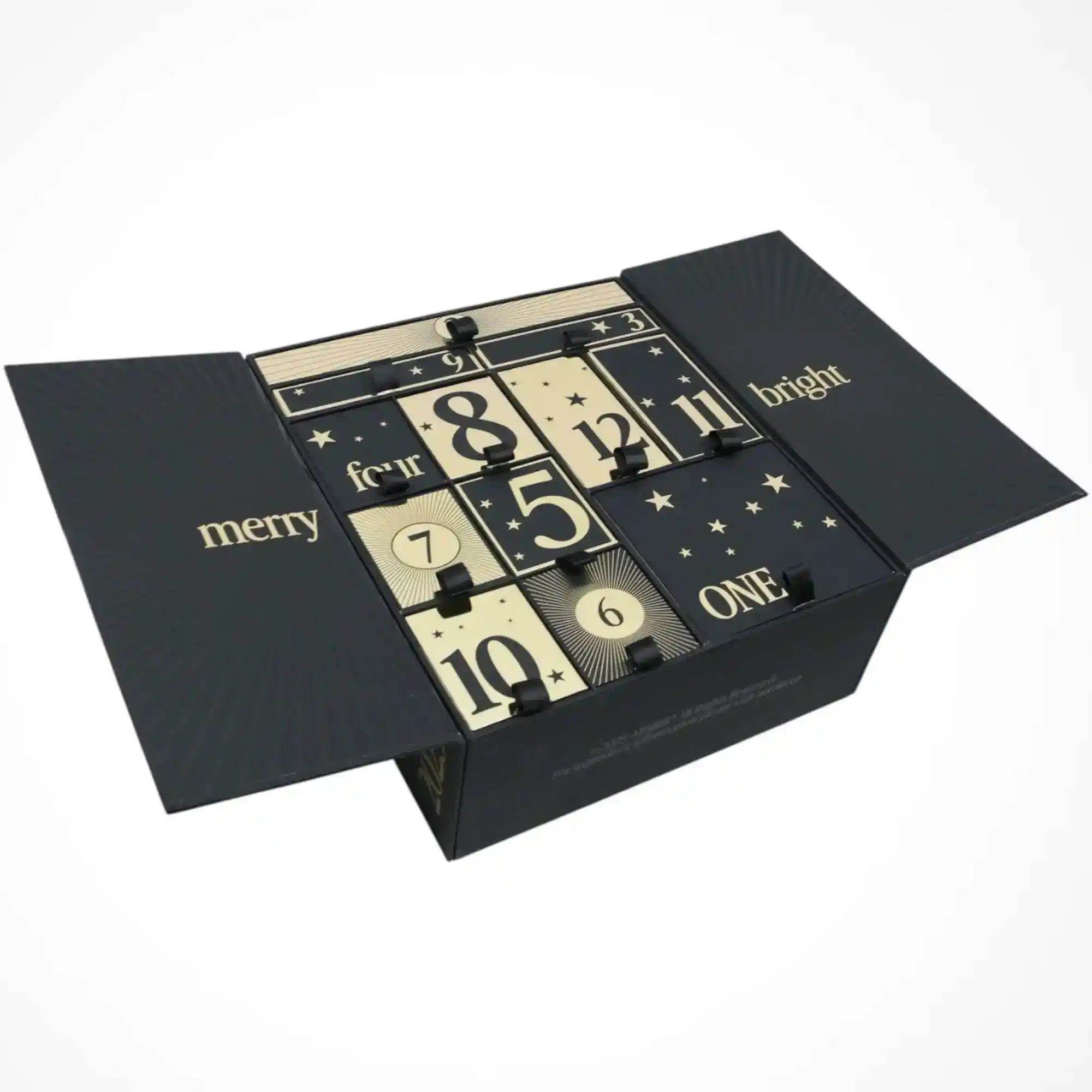 Luxury Advent Calendar 2025 by AEMBR showing festive holiday design with numbered doors and elegant packaging.