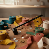 Colorful ribbons and crafting materials on a wooden table with a kitchen background