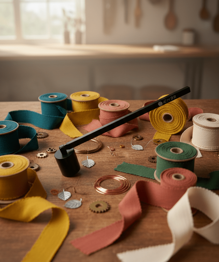 Colorful ribbons and crafting materials on a wooden table with a kitchen background