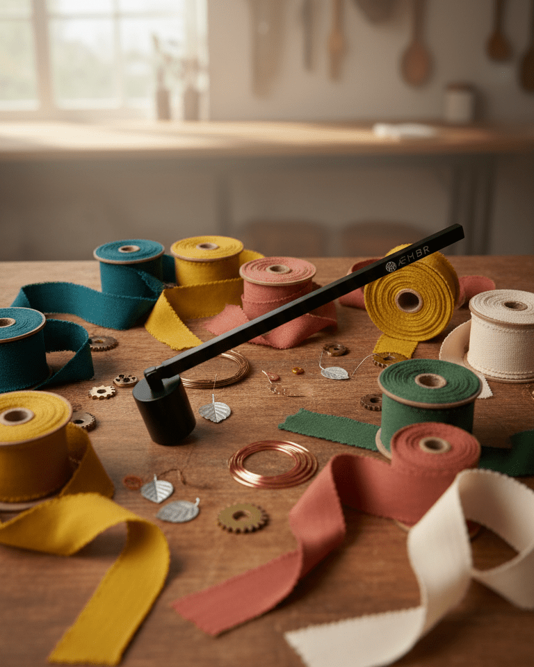 Colorful ribbons and crafting materials on a wooden table with a kitchen background