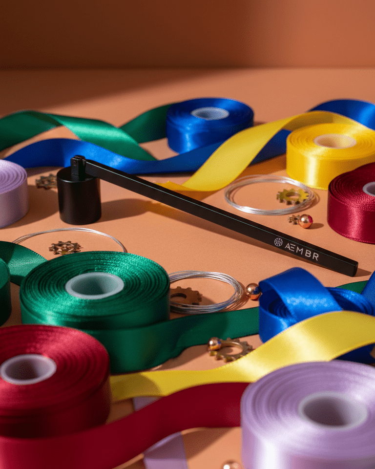 Assorted colorful ribbons and spools of thread on a peach background