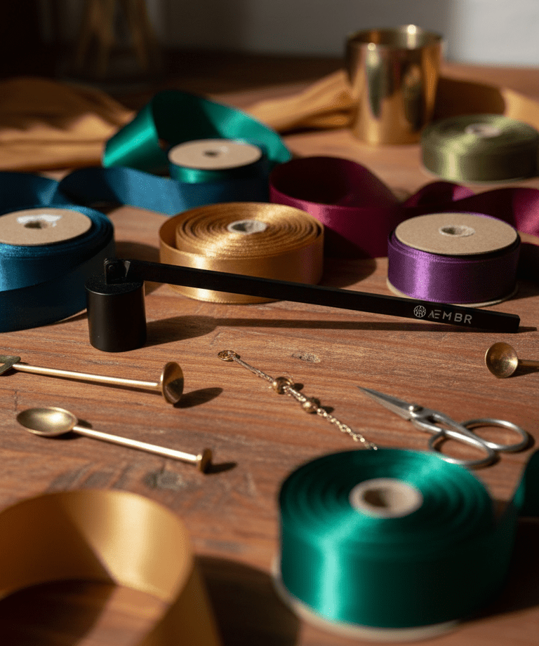 Assorted ribbons and jewelry-making supplies on a wooden surface with soft lighting.