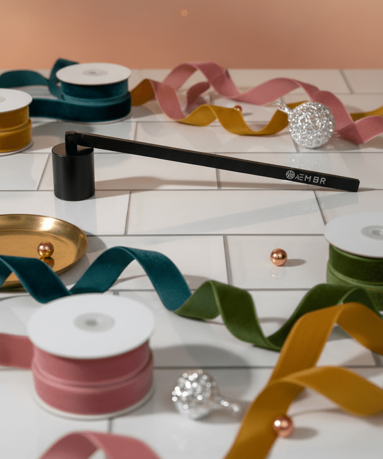 Spools of ribbon and decorative items on a white surface with a pinkish-beige background