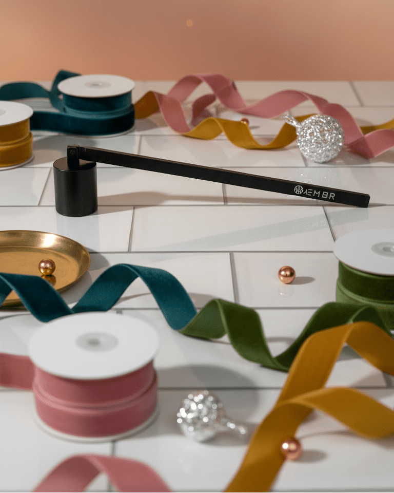 Spools of ribbon and decorative items on a white surface with a pinkish-beige background