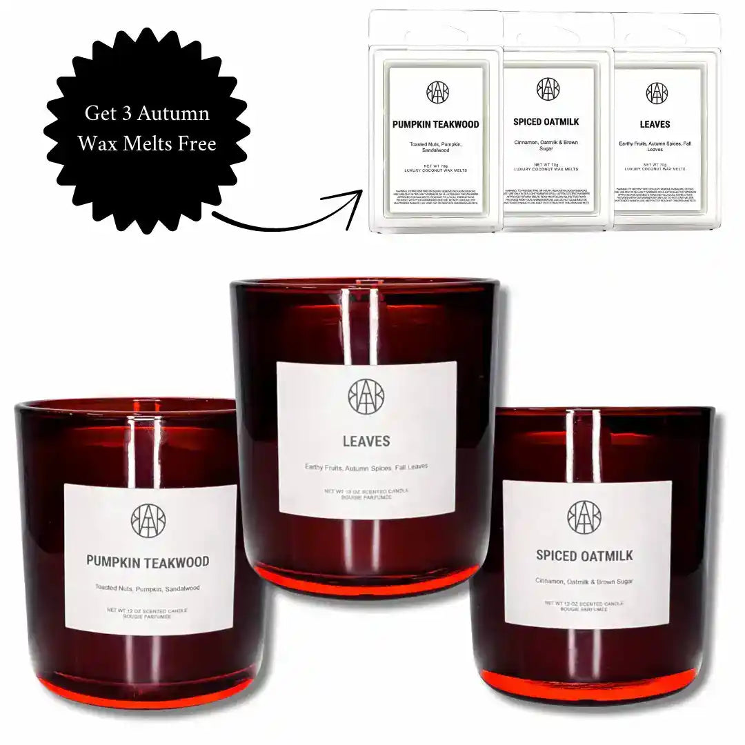 Autumn non-toxic candles and wax melts set with free offer, includes Pumpkin Teakwood, Leaves, and Spiced Oatmilk scents.
