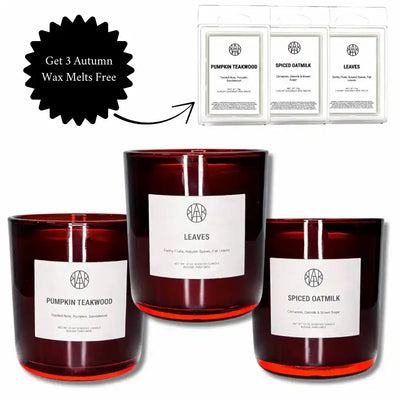 Autumn non-toxic candles and wax melts set with free offer, includes Pumpkin Teakwood, Leaves, and Spiced Oatmilk scents.