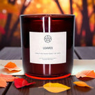 Non-toxic autumn scented candle in red glass jar with fall leaves and spices, LEAVES label visible.