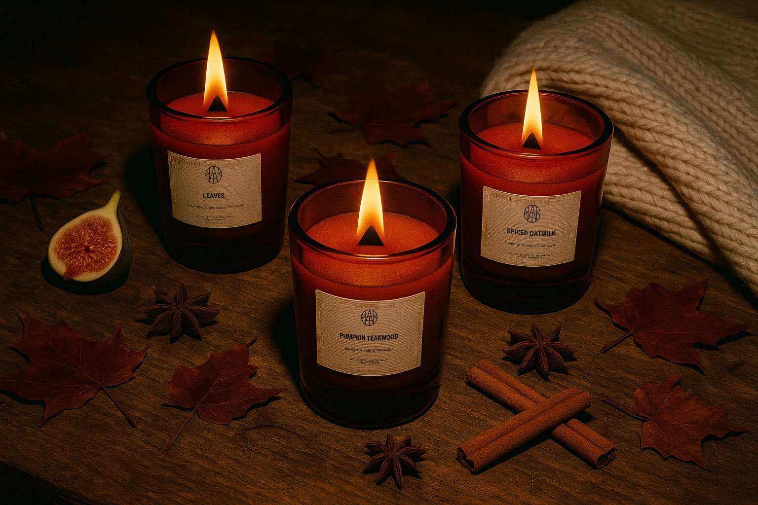 Three non-toxic autumn scented candles in glass jars with fall leaves and spices on a wooden table