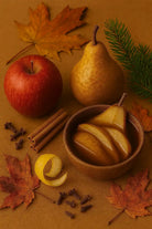 Autumn leaves, apple, pear, cinnamon sticks, cloves, citrus peel, rustic fall arrangement
