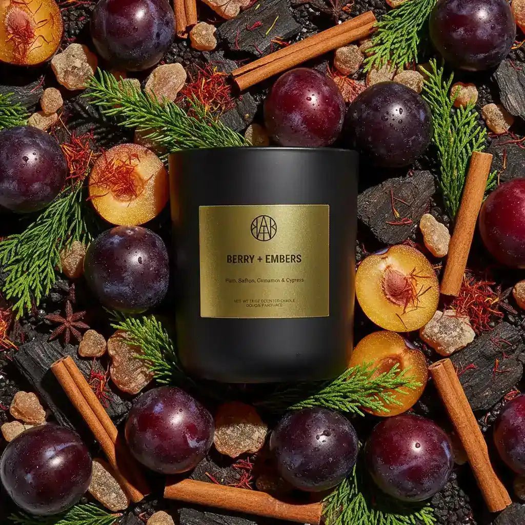 AEMBR Berry + Embers candle with a glass jar, featuring a label, set against a neutral background.