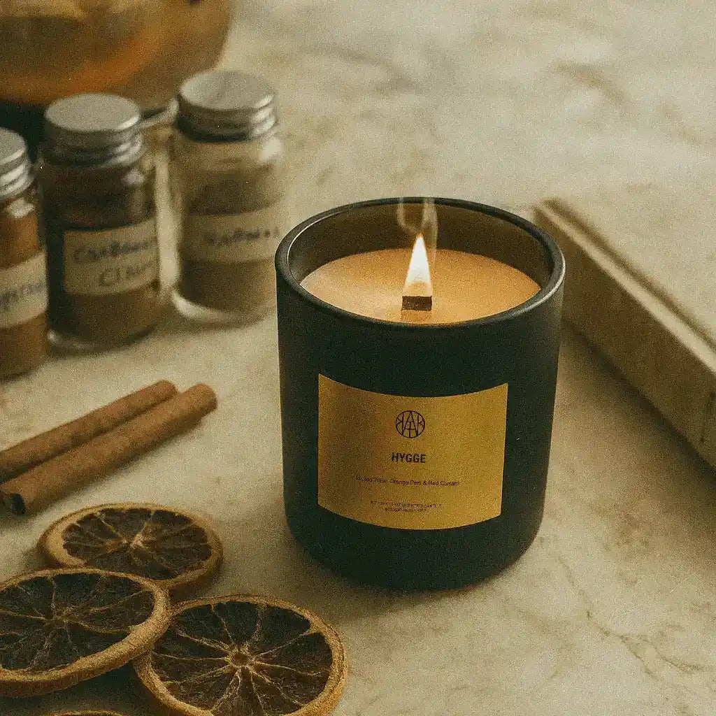 AEMBR Hygge Candle with a white ceramic holder and a lit wick, creating a cozy, warm ambiance.