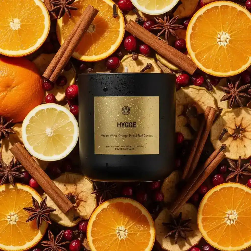 AEMBR Hygge Candle displayed with a warm, flickering flame in a cozy setting, perfect for creating a relaxing ambiance.