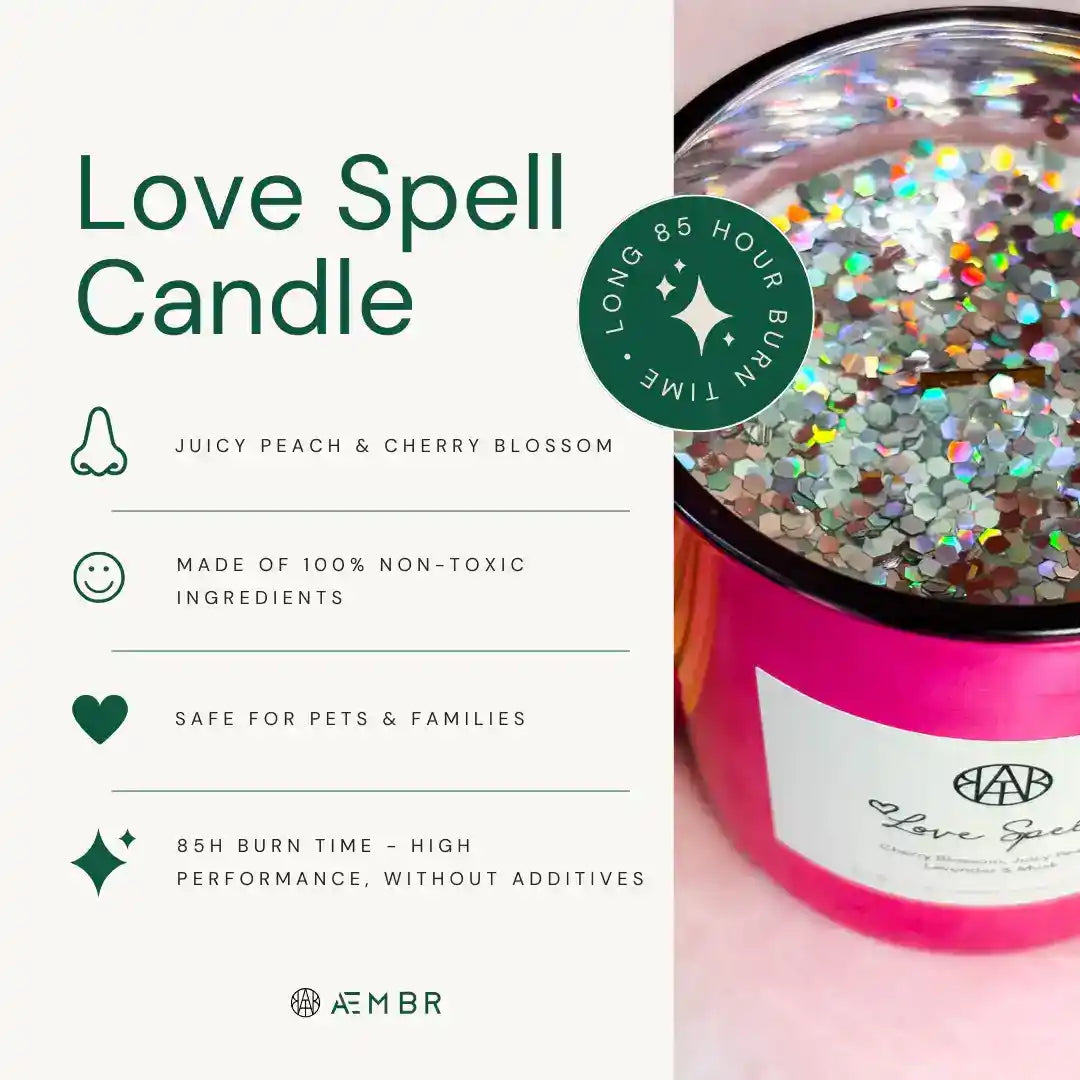 AEMBR Love Spell Candle with a decorative glass jar and colorful label, designed for creating romantic ambiance.