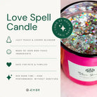 AEMBR Love Spell Candle with a decorative glass jar and colorful label, designed for creating romantic ambiance.