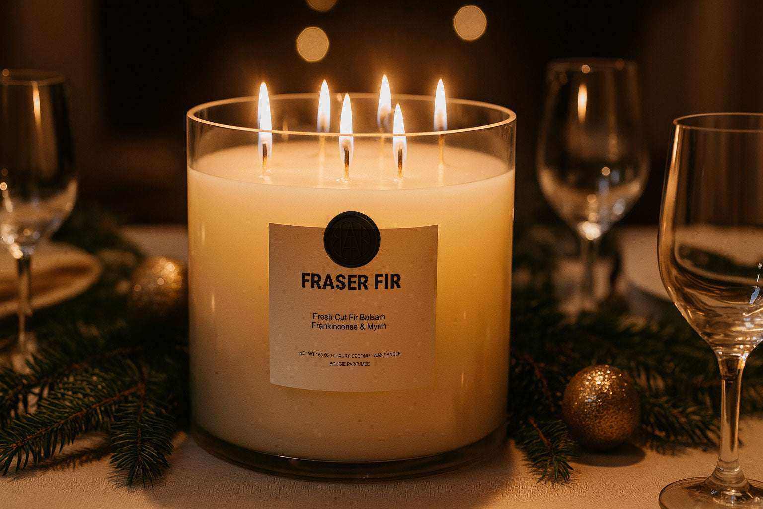 AEMBR The Valkyrie Fraser Fir candle with Balsam, Frankincense, and Myrrh scent in a glass jar.