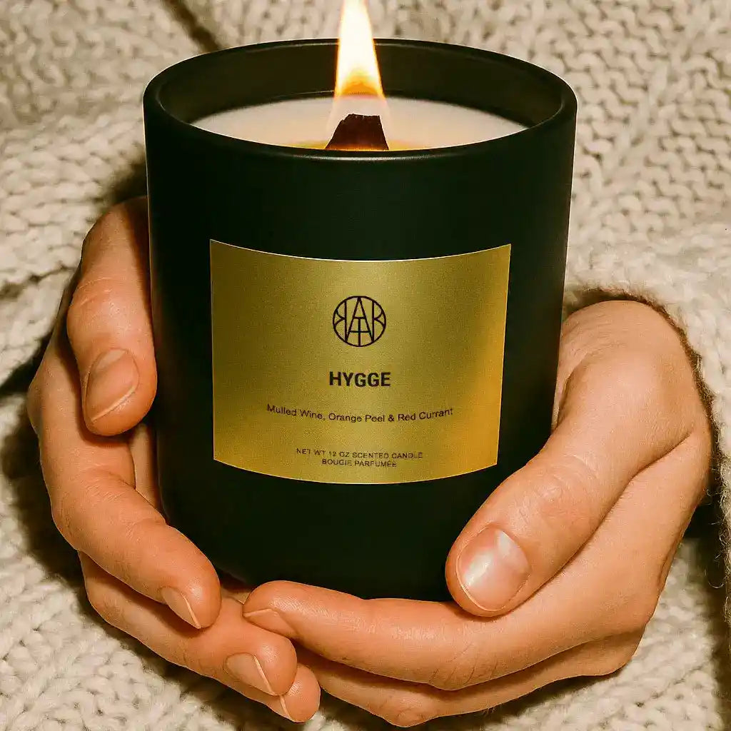 Non-toxic scented candle labeled 'Hygge' with mulled wine, orange peel, red currant notes held in hands