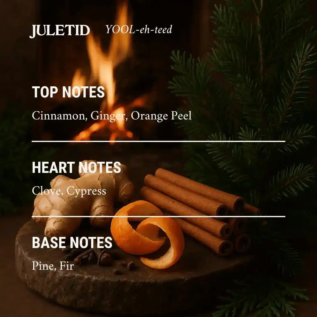 Non-toxic holiday candle scent notes with cinnamon, ginger, clove, pine, and orange peel.