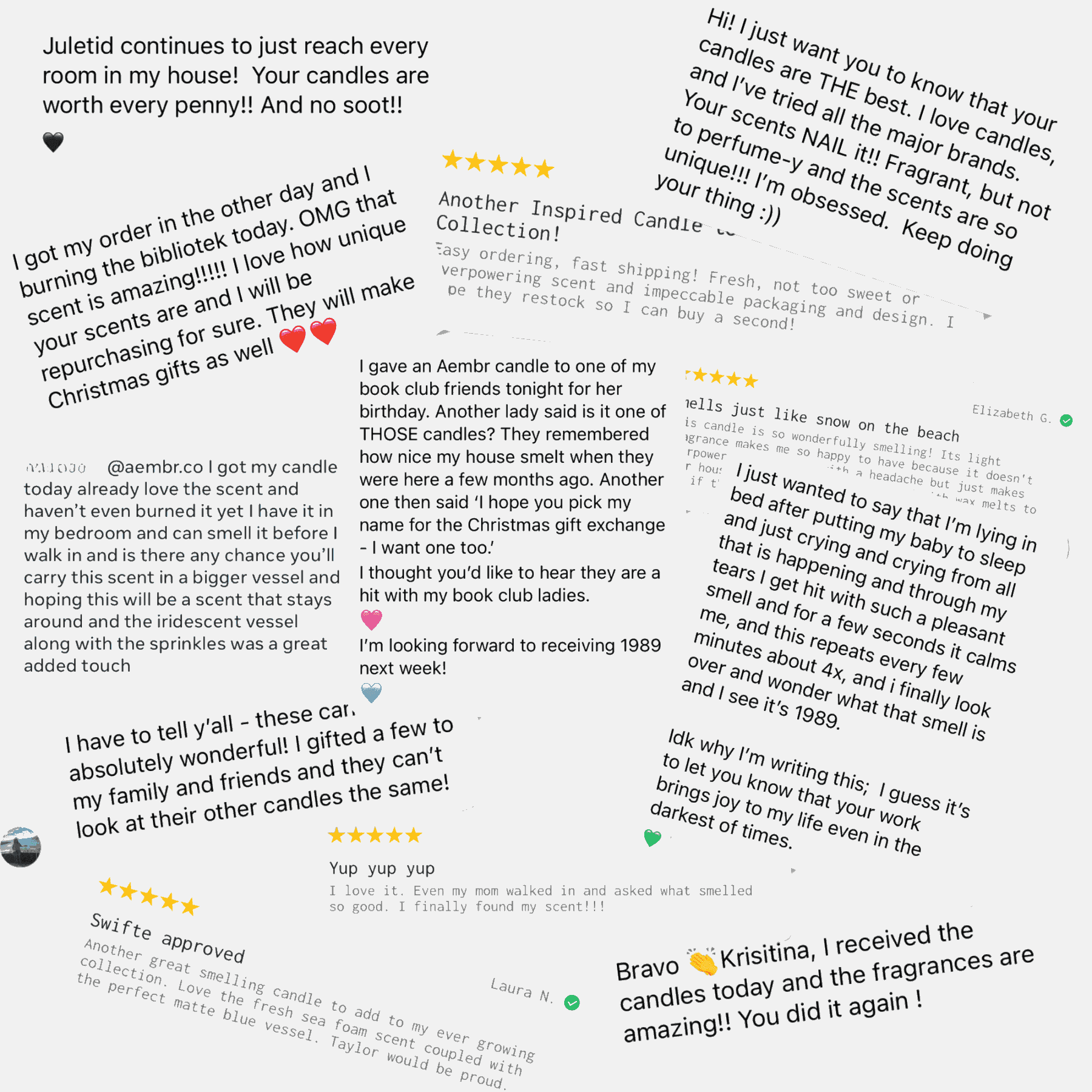 Collage of customer reviews praising non-toxic candles for unique scents, quality, and safe ingredients