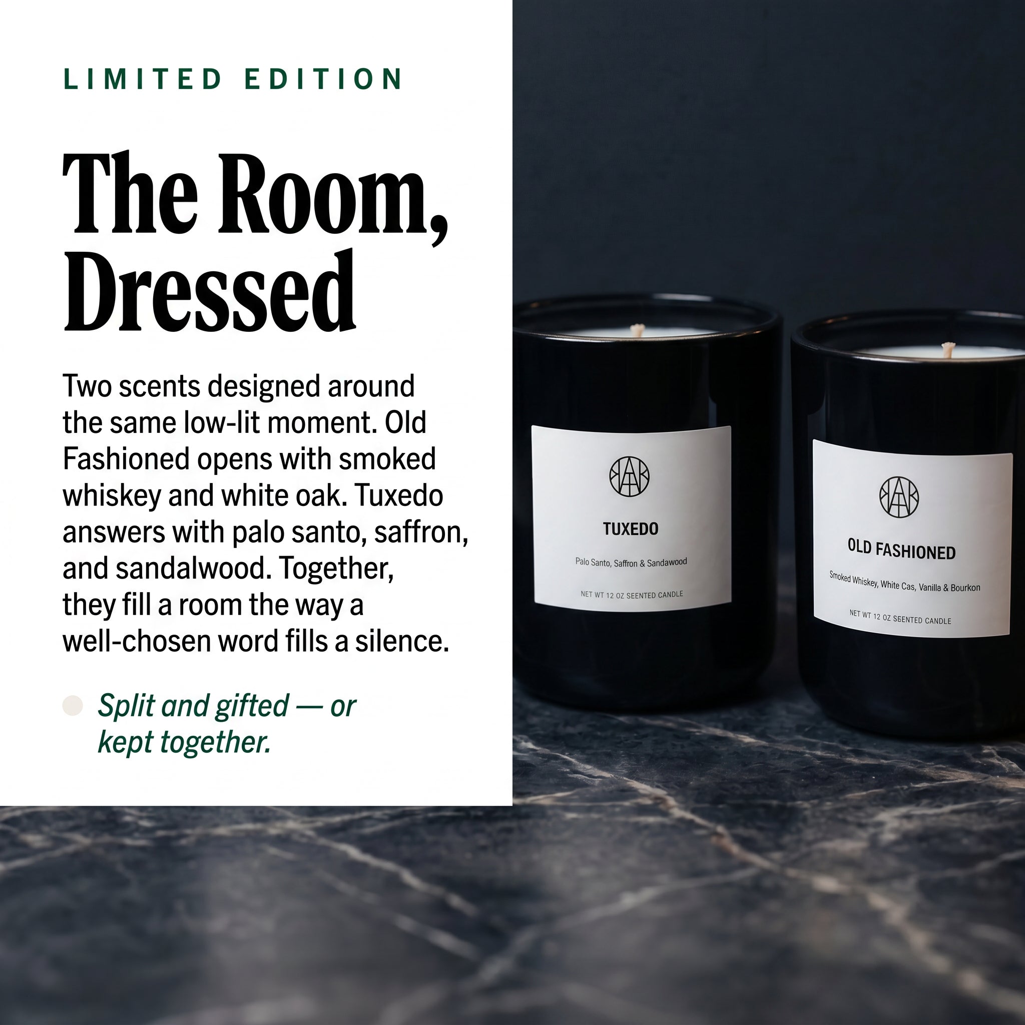 Father's Day Candle Set — The Room, Dressed — Old Fashioned & Tuxedo editorial story on dark marble