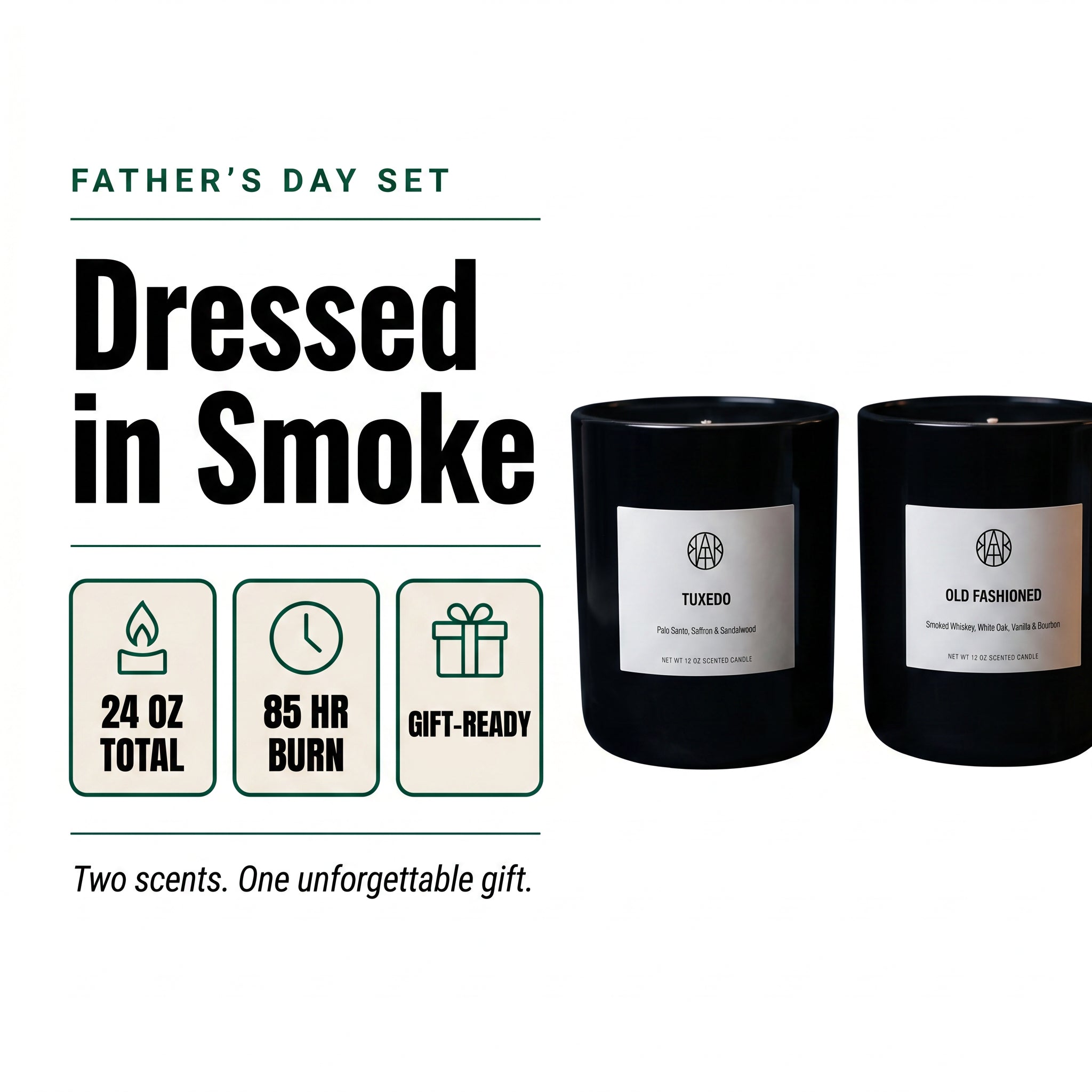 Father's Day Candle Set — Old Fashioned & Tuxedo — Hero Overview — Dressed in Smoke — 24 oz Duo Gift Set